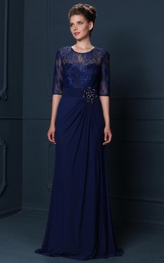 Chiffonkleid für die Mutter der Braut mit Rundhalsausschnitt und drapierten halben Ärmeln