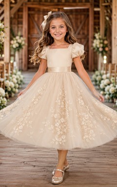 Lace Bodice Tulle A-Line Flower Girl Dress with Short Sleeves, Jewel Neck and Tea-Length Skirt