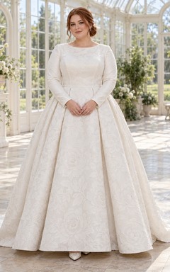 Vestido de novia discreto de manga larga con escote barco, estampado floral jacquard y falda plisada en línea A.
