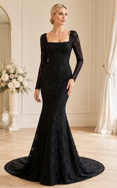 Elegant Black Square Neck Long Sleeve Lace Mermaid Low V Back Wedding Dress