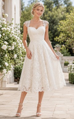 Ivory Bateau Sweetheart Cap Sleeve Lace A-Line Tea Dress Garden