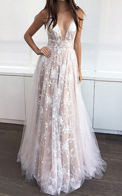 A-Line Lace Tulle V-neck Sleeveless Deep-V Back Dress