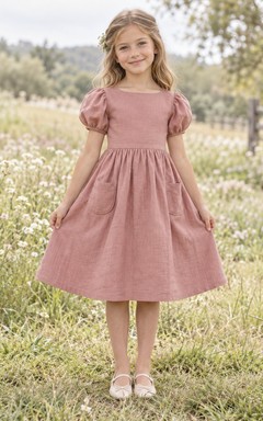 Simple Dusty Rose Knee Length Puff Sleeve Pocketed Linen Flower Girl Dress