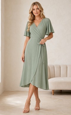 Tea-Length Sage Green Romantic Ruched Jersey Wrap Guest Dress