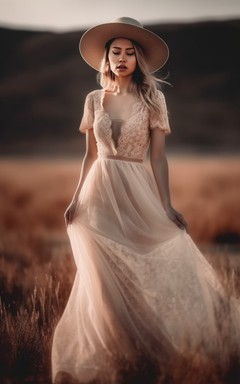 Spitzen-Hochzeitskleid im Landhausstil mit V-Ausschnitt, kurzen Ärmeln und fließendem Tüll im Boho-Stil