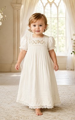 Vintage Christening Gown A-Line Cotton Lace Jewel Neck Short Sleeve Smocked