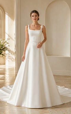 Robe de mariée moderne en satin, sans manches, coupe trapèze, style chapelle, minimaliste, classique, dos nu en U, longueur au sol