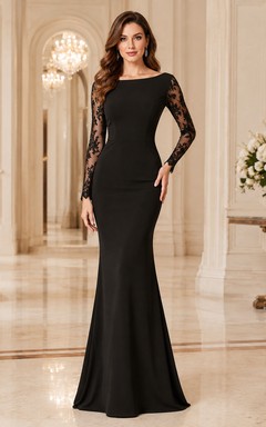 Elegante vestido de noche formal de manga larga, estilo sirena, color negro, con escote barco y encaje.
