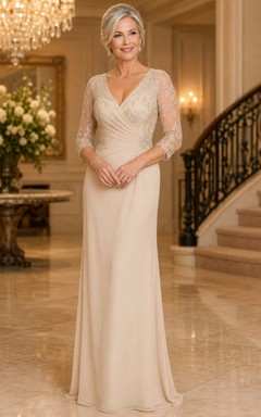 Champagne Lace Sleeve Sheath Mother Dress with V-Neck