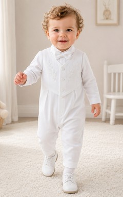 Body blanco de manga larga con botones delanteros, sin pies, para bautizo de bebé niño.