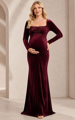 Maternity Long Sleeve Burgundy Square Neck Velvet Empire Sheath Floor-Length Formal Gown