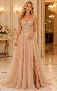 Ballkleid aus rosafarbenem Tüll, A-Linie, Spaghettiträgern, Pailletten, bodenlang