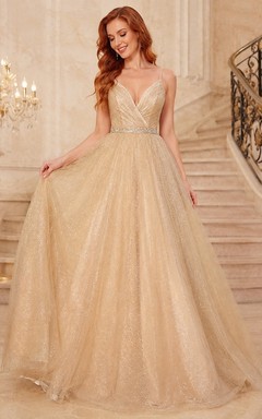 Champagne Tulle Flare V-Neck Ball-Gown Floor-Length Sleeveless Romantic Prom Gown