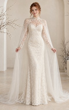 Vestido de novia vintage de cuello alto, manga larga y encaje floral con capa.