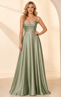 Celadon Spaghetti Sweetheart Low-V Pleated Satin Romantic Bridesmaid Gown Reception