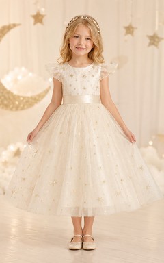 Cream Romantic A-Line Tulle Flower Girl Dress Cap Sleeve Bateau Neck Tea-Length Star Applique