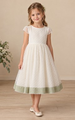 Simple Modest Tea-length Ivory Jewel Dotted Sheer-cap Tulle Sage-hem Zipper-back Flower Girl Dress