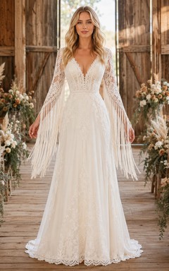 Vestido de novia bohemio rústico con mangas de flecos y encaje, corte en A
