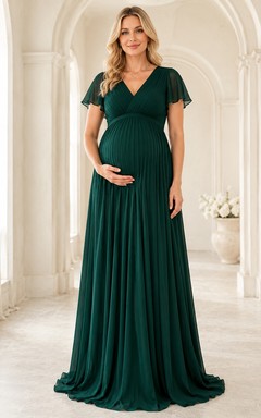 Elegantes, dunkelgrünes Umstandskleid im Empire-Stil mit V-Ausschnitt und kurzen Ärmeln aus Chiffon, smaragdgrün, bodenlang.