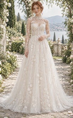 Robe de mariée trapèze en dentelle à pois, col montant et manches longues, style modeste.