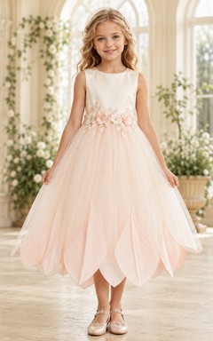 Blush Petal Hem Flower Girl Gown with Sleeveless Tulle A-Line, Floral Waist Applique, Sculpted Skirt, and Tea-Length Finish