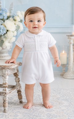 White Pintuck Bib Sailor Collar Short Sleeve Christening Romper for Baby Boy