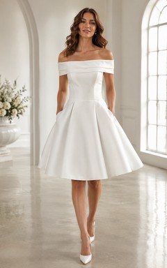 Vintage Off Shoulder Cap Sleeve Satin Fit And Flare Knee Length Wedding Dress