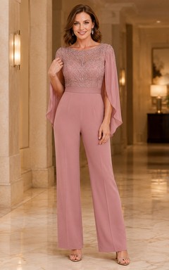 Dusty Rose Bateau Beaded Cape-Sleeve Chiffon Wide-Leg Formal Jumpsuit Elegant