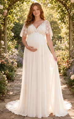 Robe de mariée de maternité à col en V et manches papillon en dentelle, robe de mariée champêtre