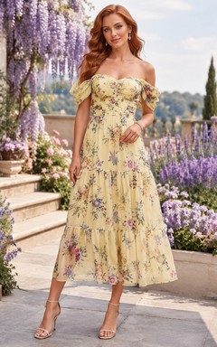 Yellow off shoulder floral flutter sleeve garden midi dress