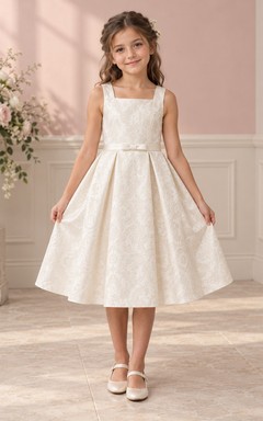 Tea-length Square Neck Ivory A-line Floral Textured Sleeveless Bow-back Flower Girl Dress