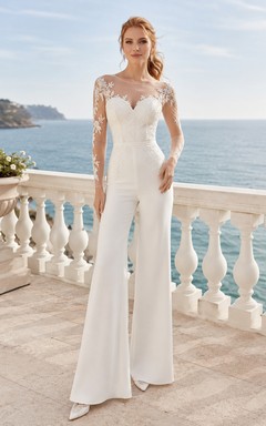 Combinaison de mariée blanche à manches longues en dentelle florale