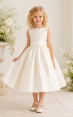 Luxury Silk Dupioni Jewel Neck Sleeveless Bow Tea-Length A-Line Formal Flower Girl Dress