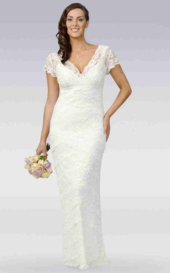 Sheath V-Neck Cap-Sleeve Lace Wedding Dress