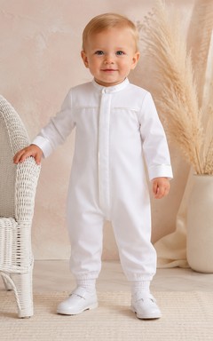 White Mandarin Collar Long Sleeve Christening Footless Romper for Baby Boy