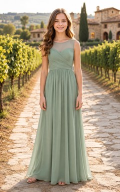 Celadonfarbenes Brautjungfernkleid in A-Linie mit Schmucksteinen, ärmellos, plissiert, romantisch