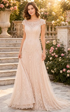 Gatsby V-Neck Cap Sleeve Lace Sheath Bridal Gown