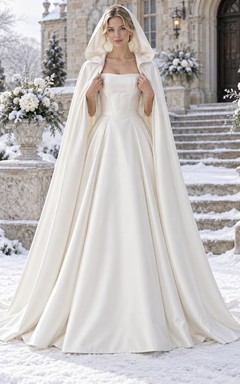 Vestido de novia sencillo de invierno con capucha y capa, sin tirantes, de satén y corte en A.