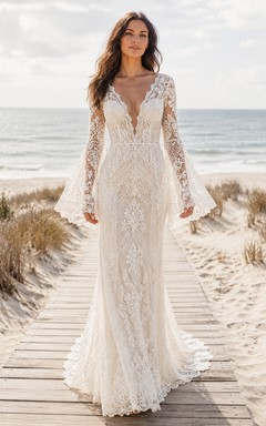 Robe de mariée bohème en dentelle à col en V et manches cloche