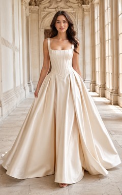 Robe de mariée longue en satin à col carré et basque, col carré, longueur au sol.