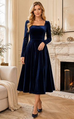 Navy Square Neck Long Sleeve Velvet Winter Occasion Dress
