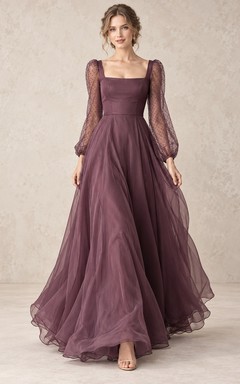 Long Sleeve Square Neck Plum Dotted Bishop Organza Formal Dress
