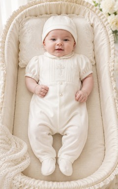 White Cross Embroidered Puff Sleeve Newborn Christening Footie for Baby Boy