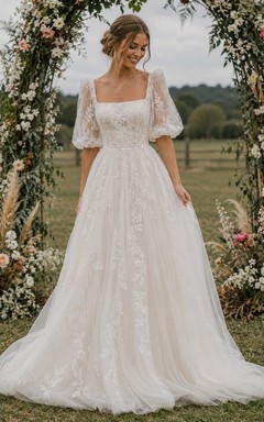 Boho Romantic Square Neck Wedding Dress with Puff Sleeves, Floral Lace Tulle Skirt & A-Line Train
