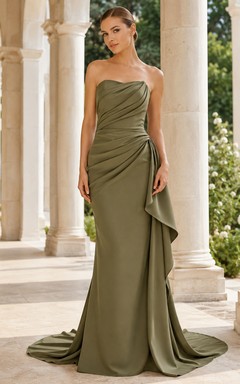 Olive Green Asymmetric One Shoulder Draped Satin Sheath Wedding Gown