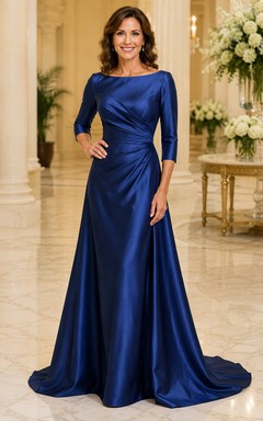 Robe mère bleu roi en satin, coupe trapèze, manches trois-quarts