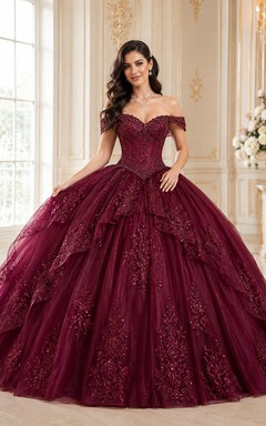 Burgundy Luxury Off Shoulder Layered Lace Glitter Tulle Princess Quinceanera Ball Gown