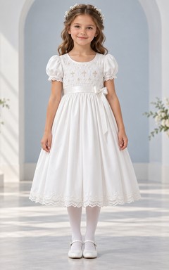 Tea-length White Cross Smocked Puff Sleeve Bow First Communion Dress