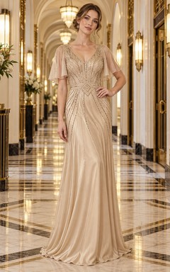 Vintage Champagnerfarbenes Etuikleid mit V-Ausschnitt, Satin-Chiffon, flatternden Ärmeln und Perlenbesatz – langes Brautjungfernkleid