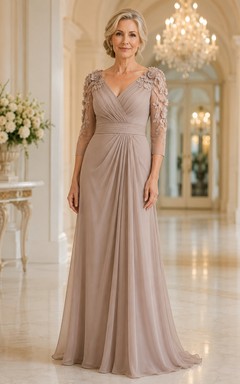 Taupe V-Neck Chiffon Mother Dress With Lace Sleeves
